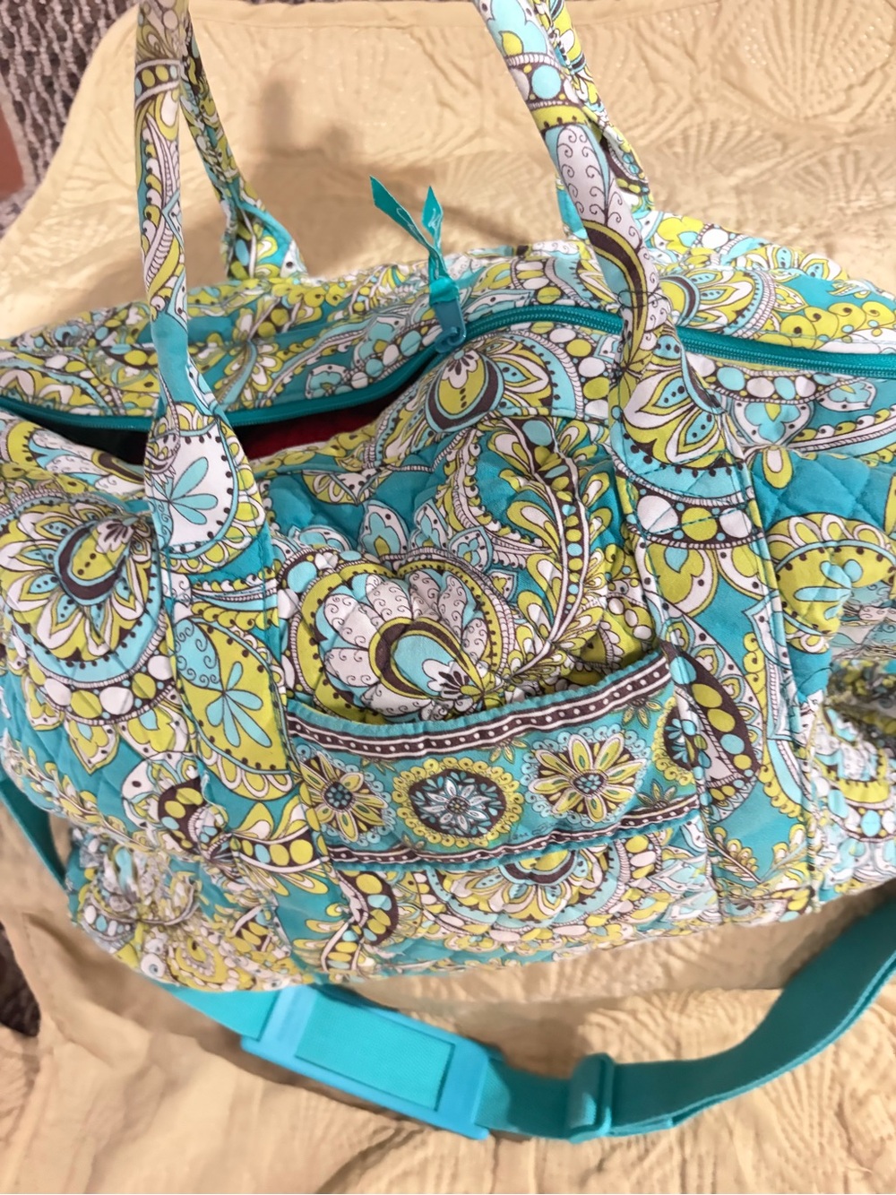 Vera Bradley Teal and Yellow Quilted Paisley Travel Tote